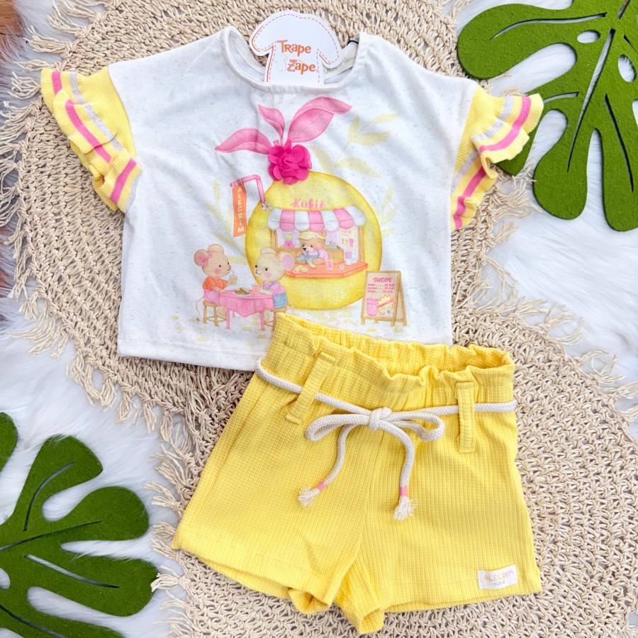  Conj. Blusa Ratinhas e Short - Areia e Amarelo